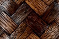 Detailed macro view of woven wooden texture showing rich brown tones and natural grain patterns in a basket weave design, suitable for background and texture applications.
