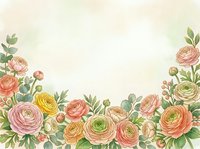 Watercolor ranunculus flowers border frame with soft pastel colors on textured paper background for wedding invitations and romantic designs.