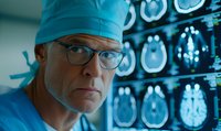 Mature male doctor in surgical cap examining brain MRI scans on display wall, focused expression behind glasses. Medical professional analyzing neurological diagnostics.