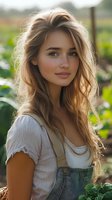 Young Caucasian woman with natural makeup and flowing brown hair wearing casual overalls in sunlit garden setting, expressing genuine warmth and contentment.