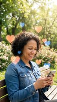 Happy mixed-race woman using smartphone with floating heart emojis in sunny park for online dating app, social media love connection and romance.