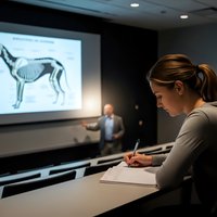 Female veterinary student taking notes during anatomy lecture with animal skeleton projection in modern classroom for medical education and training.