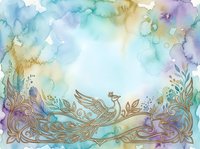 Ornate boat with anchor floats among watercolor washes of blue, purple, and gold tones with decorative botanical elements and swirls, isolated on white background for design projects.