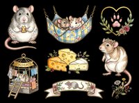 Cute rats and mice with cheese, hammock, and floral elements isolated on transparent background, ready for t-shirt designs, stickers, clipart, sublimation, and print-on-demand products.