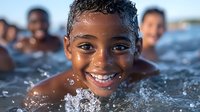 Young African American boy smiling while swimming in pool, water splashing around his face, showing joy and happiness during summer recreation activity.
