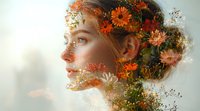 Young Caucasian woman in profile view with orange gerbera daisies and delicate white flowers in her hair, double exposure with floral elements creating dreamy artistic portrait.