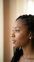 Young African American woman with braided hair in profile view looking thoughtfully away with soft natural lighting and warm background tones.