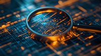 Magnifying glass focusing on glowing blue and orange circuit board pattern, revealing intricate electronic pathways and connections in dramatic macro photography.
