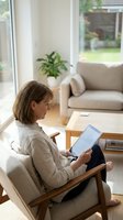 Young Caucasian woman reading digital tablet while sitting in wooden chair at home living room with natural light from large windows and modern furniture.