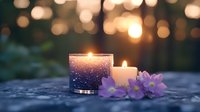 Glowing candles with purple cosmos flowers at dusk, creating peaceful ambiance on textured surface against blurred bokeh lights background.