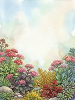 Watercolor garden border with colorful wildflowers and succulents, soft pastel sky background with copy space for text or design.