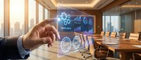 Businessman touching futuristic transparent screen with compliance dashboard in modern boardroom, digital business management concept.