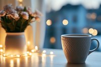 Cozy morning coffee cup with warm bokeh lights and fresh flowers creating peaceful home atmosphere for relaxation and comfort lifestyle moments.