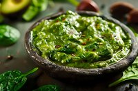 Fresh homemade guacamole dip with mashed avocado, lime juice, cilantro and spices in rustic stone bowl, surrounded by ingredients on dark background.