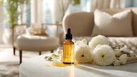 Amber essential oil dropper bottle with white ranunculus flowers on marble table in elegant living room with beige sofa.
