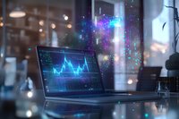 Laptop displaying financial chart with glowing blue trading graph on screen in modern office interior, magical sparkles and light effects for business concept.