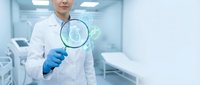 Medical professional in white coat holding magnifying glass with brain icon in modern hospital laboratory for healthcare research and neurological diagnosis.