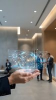 Businessman hand displaying holographic data analytics dashboard with charts and graphs in modern office lobby for digital transformation presentations.