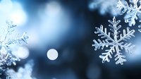 Delicate snowflakes with intricate crystalline patterns floating against dark blue bokeh background create magical winter atmosphere for seasonal designs.