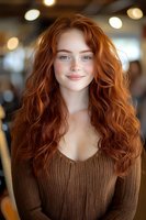 Young woman with natural red curly hair and freckles wearing brown knit sweater smiling at camera against soft bokeh background. Warm natural lighting enhances features.