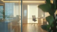 Modern bright office interior with glass walls, empty meeting room with chairs and natural light casting shadows through indoor plants.