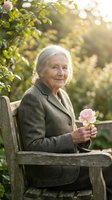 Senior Caucasian woman sitting on wooden garden bench holding pink rose in warm sunlight with green foliage background for lifestyle and wellness content.