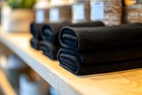 Neatly folded black microfiber towels stacked on wooden shelf with soft focus background, showing texture and organization in spa or salon setting.