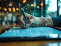 Digital pen drawing on tablet screen with glowing network visualization and data analytics interface overlay in modern office environment with bokeh lights.