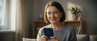 Smiling mature Caucasian woman in gray sweater using smartphone at home, sitting on couch in bright living room for technology and communication concepts.