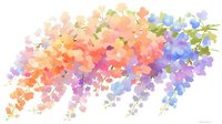 Delicate watercolor floral composition with cascading orange, pink, and purple flowers creating soft gradient effect, green leaves adding natural accent. For wall art.