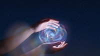 Human hands holding glowing blue energy sphere with swirling galaxy pattern against dark starry night sky background for mystical spiritual concepts.