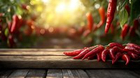 Fresh red hot chili peppers on rustic wooden table with blurred garden background and sunlight, ideal for spicy food concepts.
