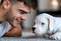 Young Caucasian man smiling at adorable white puppy on carpet, creating heartwarming moment of connection between pet owner and dog.