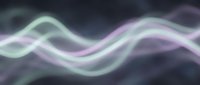 Glowing pastel wave lines flow across a dark background, creating a smooth, ethereal energy motion effect in soft green and purple hues.