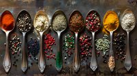 Colorful aromatic spices and peppercorns in vintage silver spoons arranged in row on dark background, overhead view of diverse seasonings and condiments.