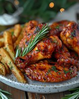 Glazed chicken wings with crispy french fries on ceramic plate, garnished with fresh rosemary and herbs. Close-up food photography with natural lighting.