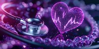 Medical stethoscope with glowing purple heart shape and heartbeat pulse wave, surrounded by crystal beads on dark background with bokeh lights.