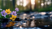 Delicate purple and yellow wildflowers growing on wet rocks in streaming water, with soft bokeh background creating dreamy nature atmosphere at sunset.