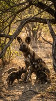 African wild dog mother with puppies resting under acacia tree branches in golden savanna light during wildlife conservation moment.