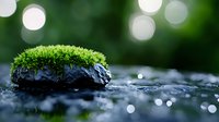 Vibrant green moss growing on dark wet rock in shallow water with bokeh light effects in background, creating serene natural atmosphere.