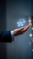 Businessman hand holding glowing puzzle piece with bokeh lights background representing solution and problem solving in corporate environment.