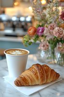 Fresh buttery croissant and latte with heart design on marble table, elegant floral arrangement with roses and mixed flowers in soft focus background.