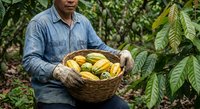 Middle-aged Hispanic male farmer holding wicker basket full of fresh yellow cacao pods in tropical plantation surrounded by green cocoa trees and foliage.