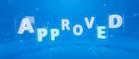 Approved stamp text floating in digital blue cyberspace with connected network lines and glowing particles, representing business validation and digital certification.