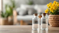 Empty glass bottles with cork stoppers on wooden table with yellow flowers in wicker pot and blurred living room background.