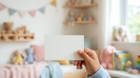 Child's hand holding blank white card in colorful playroom with toys, books, and decorations, suitable for greeting cards, announcements, and children's product marketing.