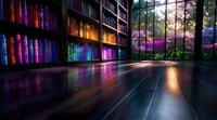 Colorful library bookshelves with rainbow-arranged books casting vibrant reflections on wooden floor, large windows overlooking garden with pink blooming trees at sunset.