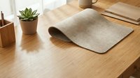 Natural cork yoga mat rolled on wooden desk with succulent plant and coffee mug in bright modern workspace for mindful exercise and meditation practice.