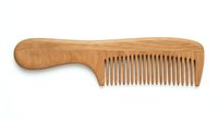 Wooden hair comb with handle isolated on white background, suitable for hair care product design, beauty packaging, and salon branding applications.