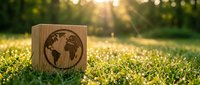 Wooden cube with world map engraved on surface sitting on green grass in sunlight representing global environmental awareness and sustainability.